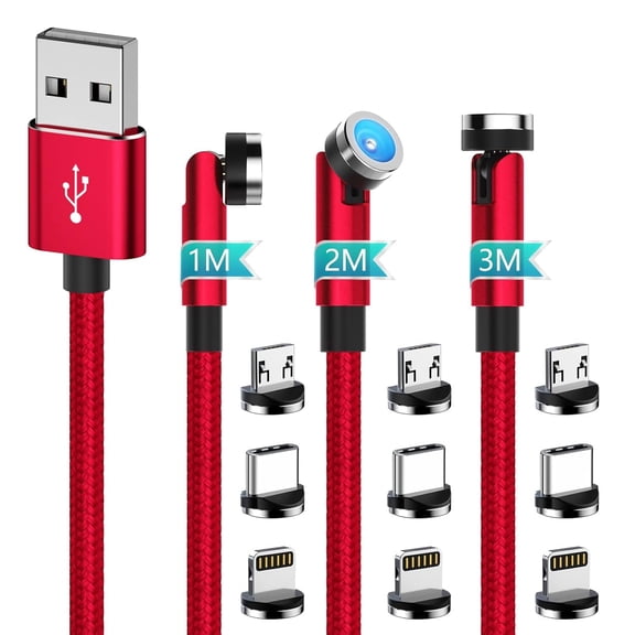Magnetic charging cables for multiple device (3/6/10ft Red),3 in 1 540 Rotating magnetic phone charger cord,(Avoid port wear,LED Light) Multi Magnet tips Charge any micro USB,USB C,iProducts