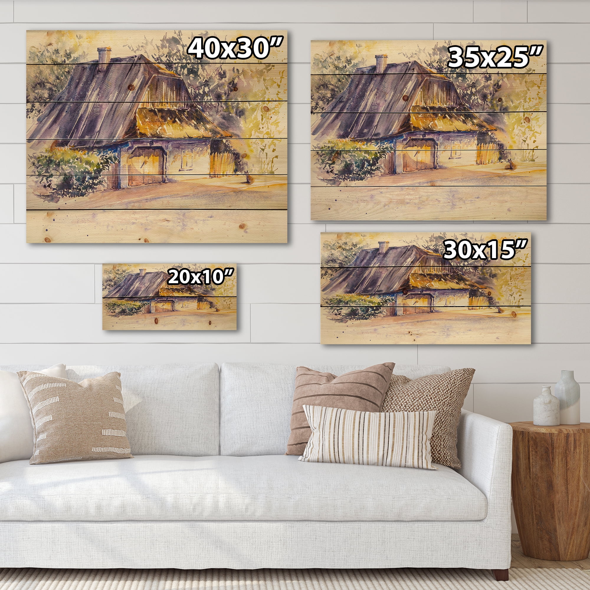 Designart 'Old Wooden White House In Country Side Village During Afternoon Glow' Traditional Print on Natural Pine Wood