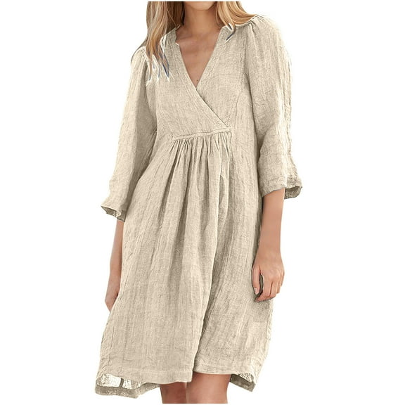 Efsteb 3/4 Sleeve Dresses for Women Cotton Linen Neck Midi Summer Dress Vacation Beach Loose Shirts Dress (Beige,S)