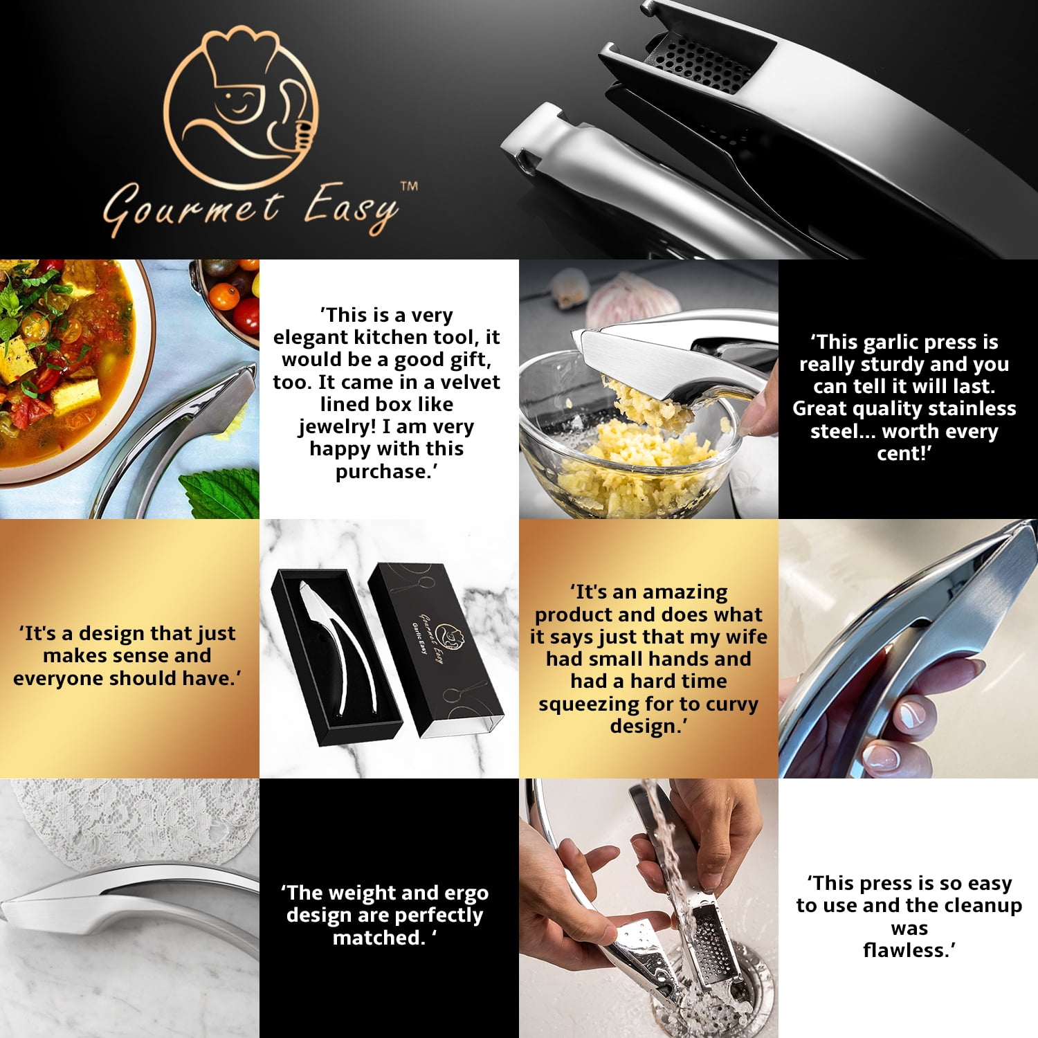 Gourmet Easy - Stainless Steel Garlic Press - Heavy Duty Kitchen Tool