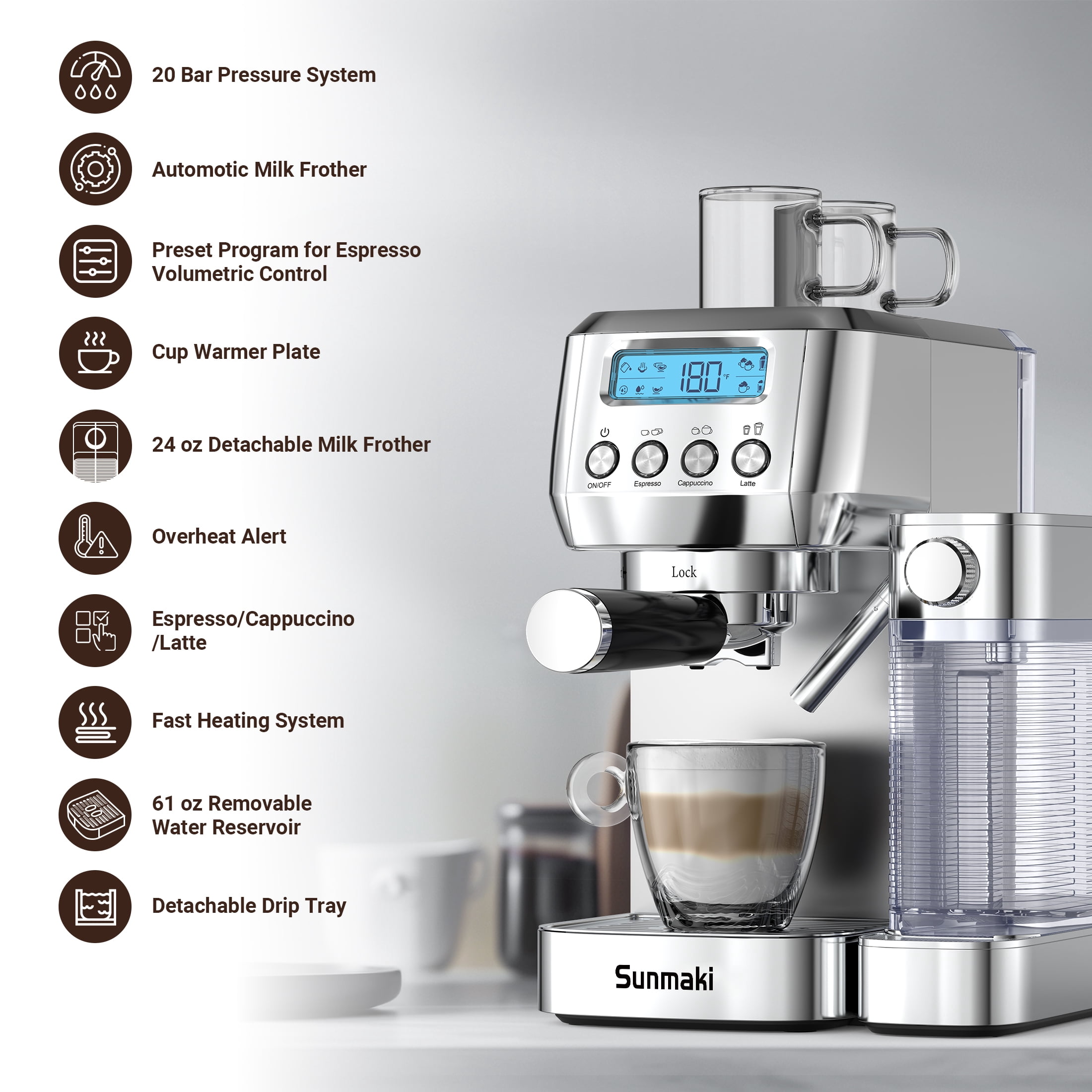 Sunmaki Espresso Machine High Pressure Professional Coffee Maker for Espresso, Latte, Macchiato
