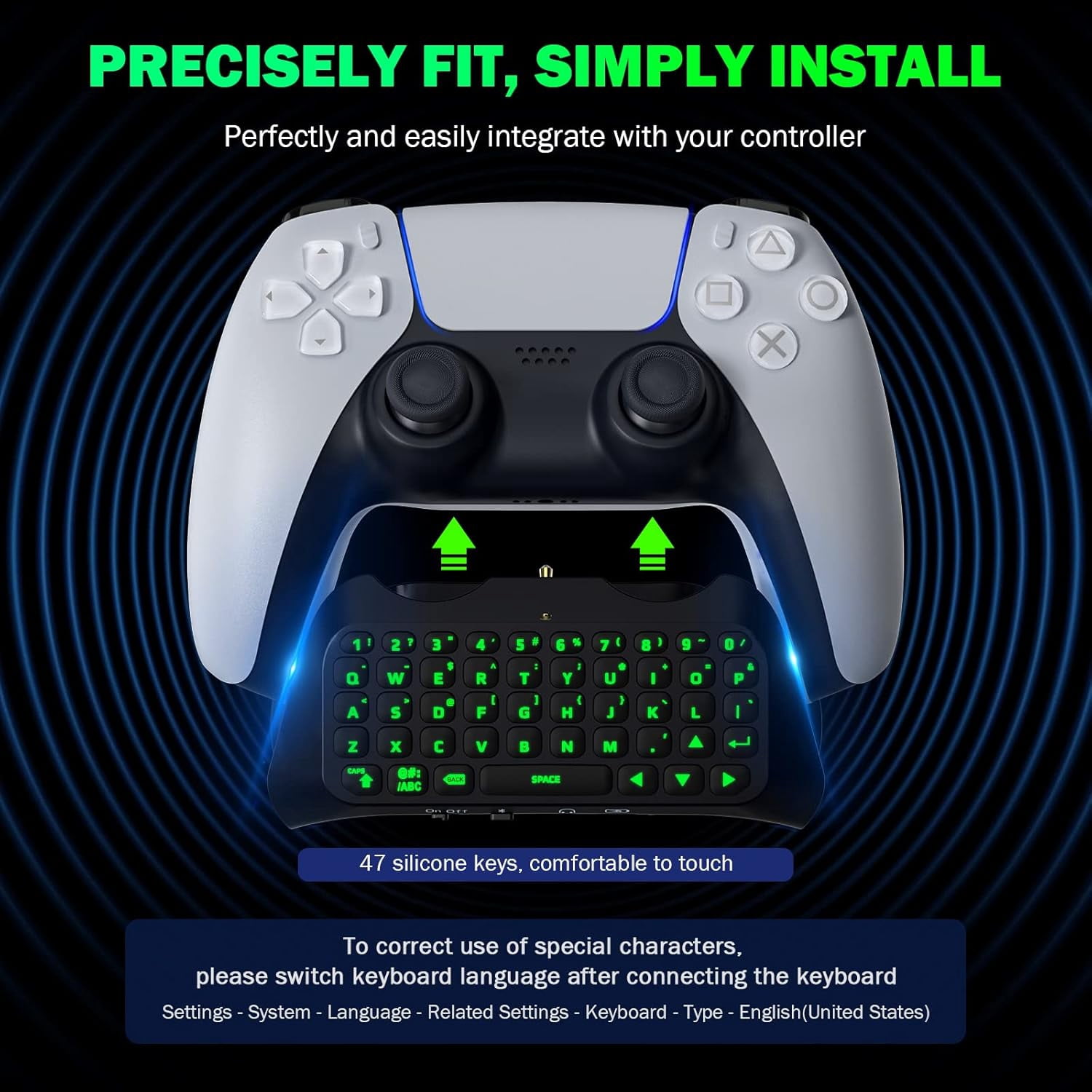 Bluetooth 3.0 Wireless Keyboard With Green Backlight for PS5 Controller,Mini Portable Gamepad Chatpad with Built-in Speaker&3.5MM Audio Jack, Voice Chat Board for Messaging&Gaming Live Chat,Black