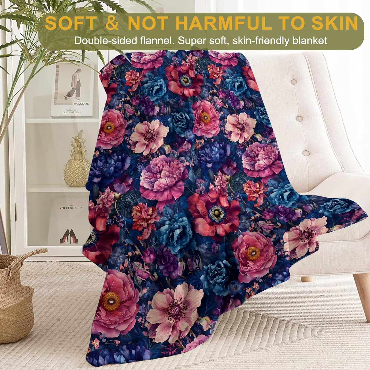 Vintage Floral Flannel Blanket - Lightweight Soft Cozy Unique Gifts Blankets for Flower Lovers,Users,Adult,Women,Elegant Dark Throw,Home Room Modern Retro Decor 40x50in