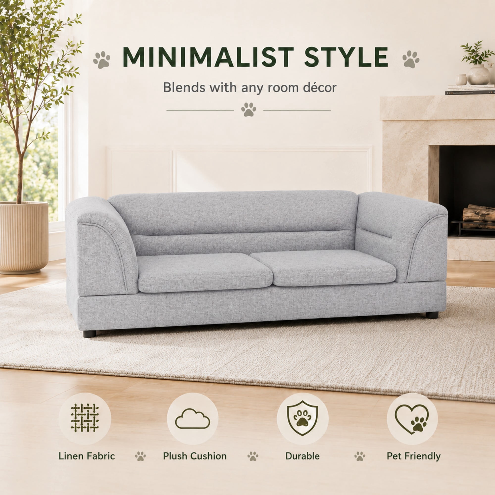 Aenkyo 52" Large Dog Sofa Bed, Linen Pet Couch with Removable Cushions, Light Gray