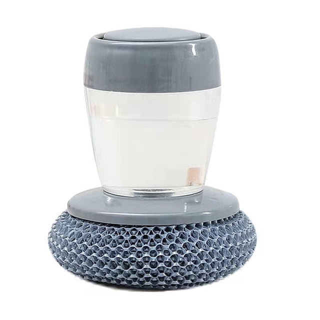 pstuiky Automatic Press Liquid Dispensing Scrub Brush Built-In Detergent Tank Heavy Duty Rustproof Steel Wool Short Handle Pot & Pan Cleaner Dishwasher Safe Kitchen Cleaning Tool