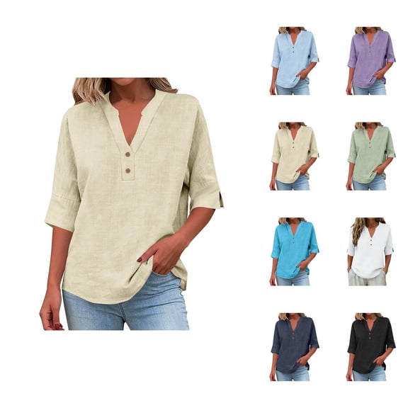 T Shirts for Women 2026 Summer Cotton Linen Half Sleeve V Neck Split Dressy Casual Office Work Tshirt Blouse