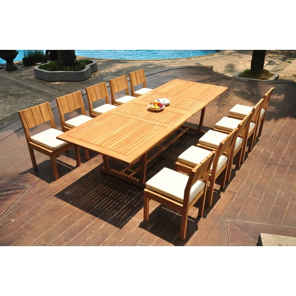 Grade-A Teak Dining Set: 10 Seater 11 Pc: 118" Double Extension Mas Rectangle Trestle Leg Table And 10 Veranda Armless Chairs WholesaleTeak #WMVR90