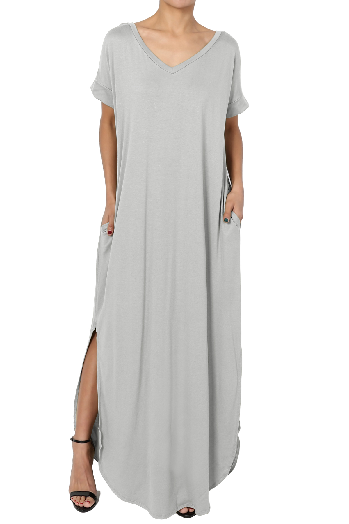 TheMogan Women's S~3X Jersey V-Neck Short Sleeve Relaxed T-Shirt Slit Maxi  Dress - Walmart.com
