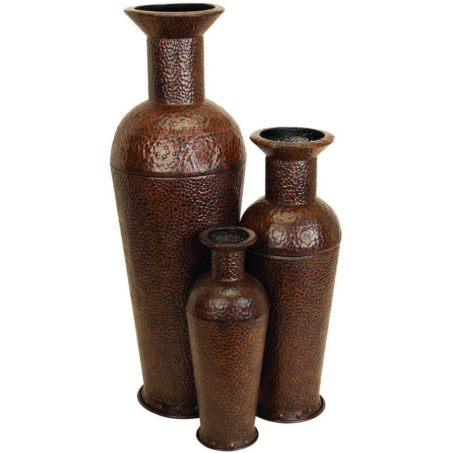 Decmode Large Cylindrical Hammered Metal Silver Floor Vases Set Of Decmode Large Cylindrical Hammered Metal Silver Floor Vases Set Of 3