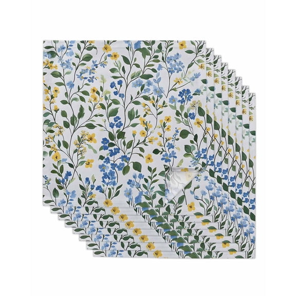 Blue Yellow Floral Spring Cloth Napkins Washable Set of 8, Green Pastoral Summer Botanical Reusable Dinner Table Napkins Cloth Bulk for Weddings Kitchen Restaurants Hotel Events Parties 20 x 20 Inch