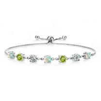 Gem Stone King 2.61 Ct Round Cabochon White Simulated Opal Green Peridot 925 Sterling Silver Lab Grown Diamond Tennis Bracelet for Women (Fully Adjustable up to 9 inch)