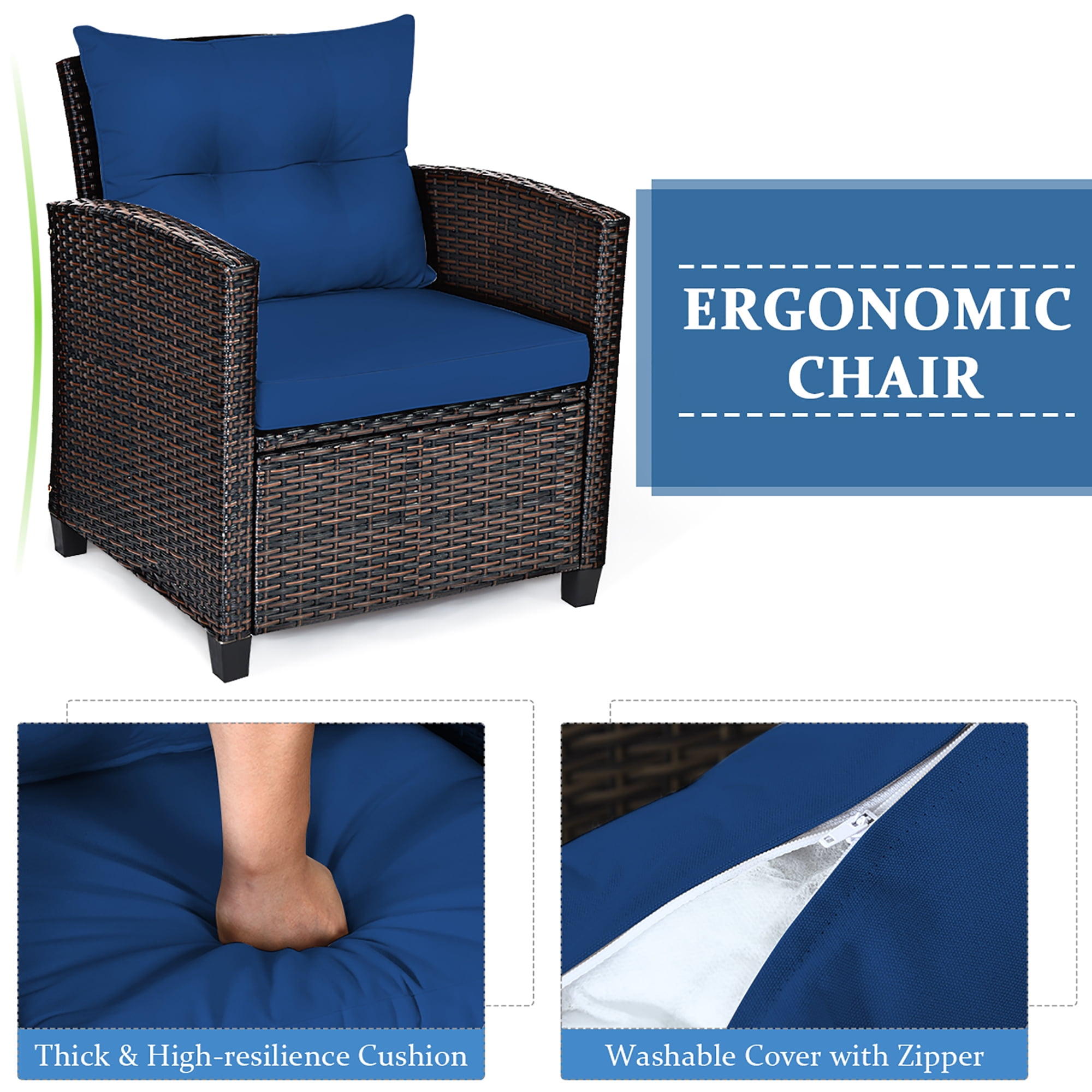 Costway 3PCS Patio Rattan Furniture Set Cushioned Conversation Set Coffee Table Navy