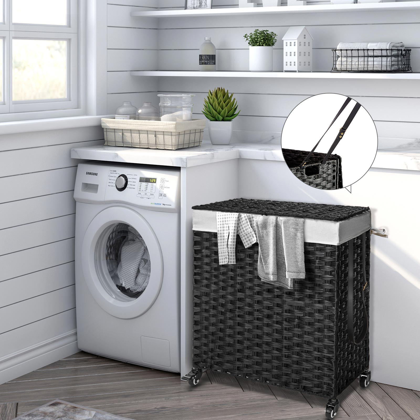 Rolanstar 90L Laundry Hamper with Wheels, No Install Needed, Divided Handwoven Hampers & 2 Removable Liner Bags, Synthetic Rattan Clothes Laundry Basket with Lid & Handles, Foldable Hampers Gray