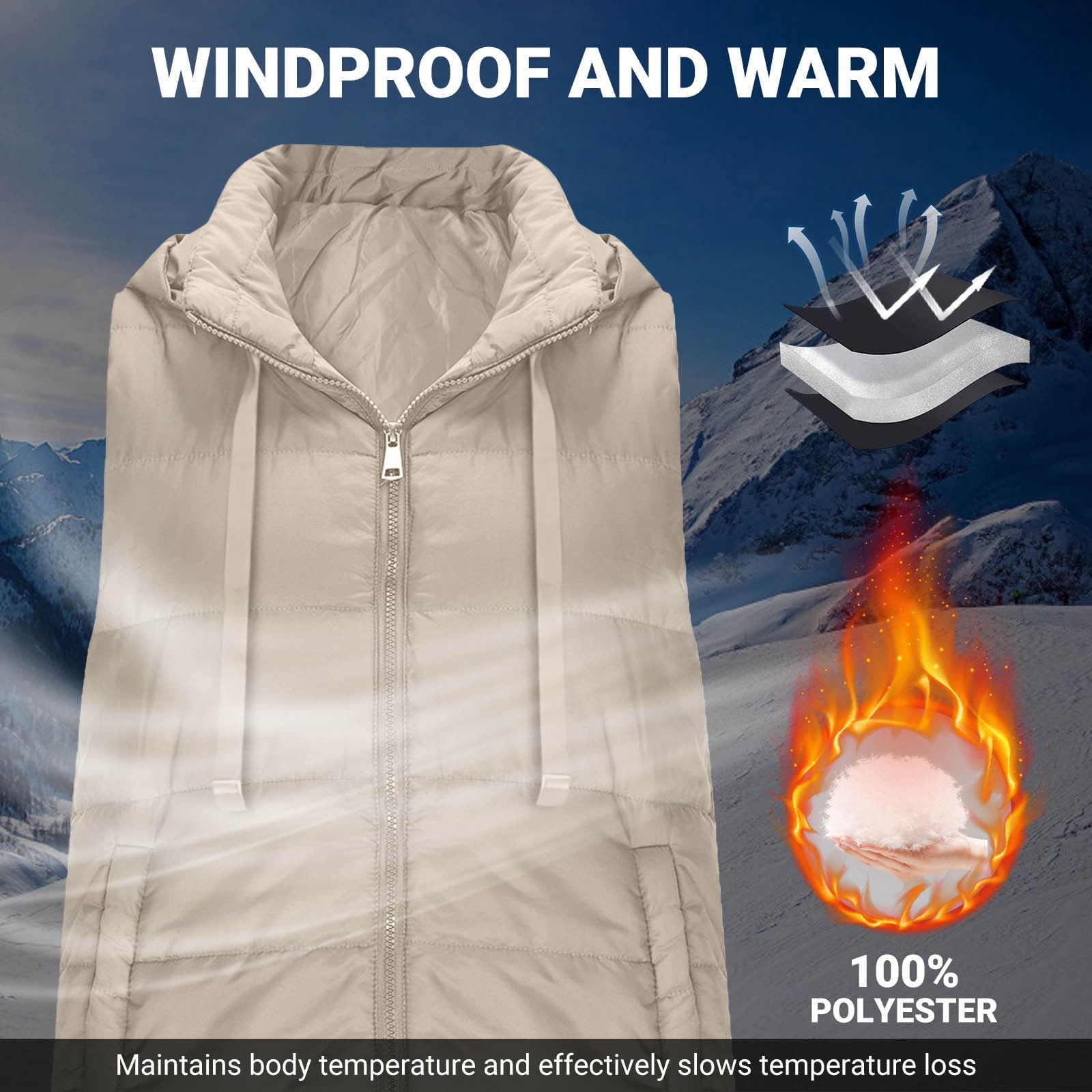 Brnmxoke Plus Size Long Puffer Vest Women Casual Sleeveless Hooded Zip Up Vests with Pockets Lightweight Quilted Outerwear Winter Warm Down Jackets Beige,XL