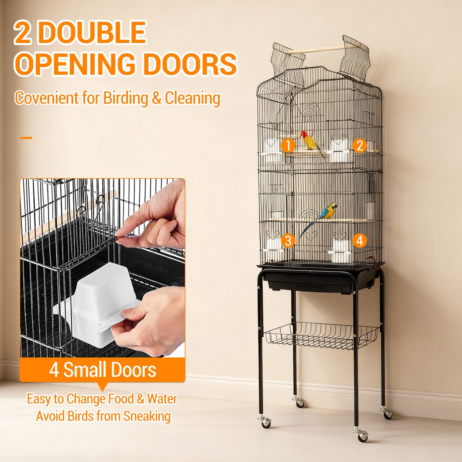 Play Open Top Medium Small Bird Cage with Detachable Rolling Stand Hanging Bird Cage with Storage Shelf, Playtop Parrot Cages Heavy-Duty Pet Birds House Black