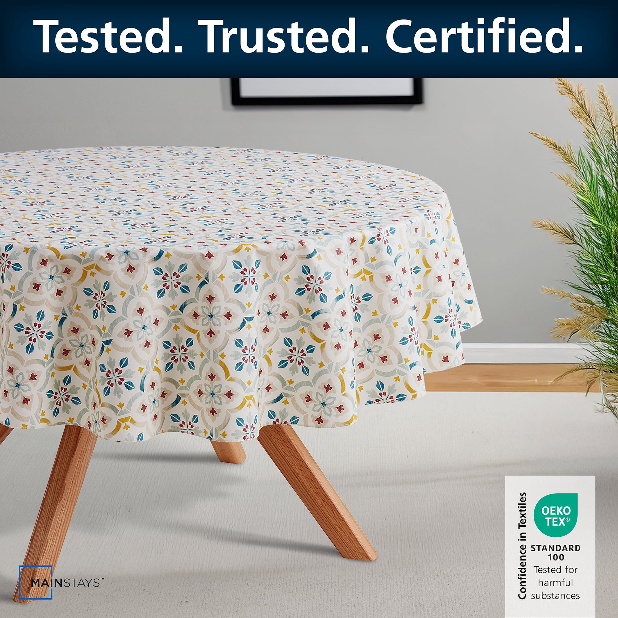 Mainstays PEVA Everyday, Indoor & Outdoor Tablecloth 70" Round, Farmhouse Tile