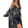 thumbnail image 2 of Women's Lace Trimmed Nightgown Set - Adjustable Tie-Waist Robe & Sleep Dress, Lightweight Two-Piece Loungewear for All Seasons,Black XL, 2 of 5