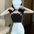 thumbnail image 2 of Women's Contrast Color Sexy Hollow Out Short Sleeve Cheongsam T-Shirt Crop Top Blouse, 2 of 3