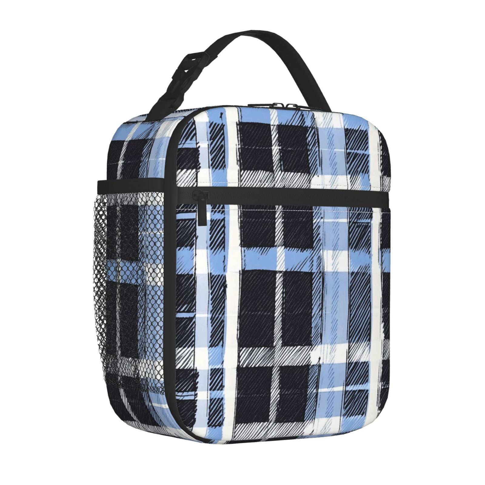 Lunch Bag For Women Men Insulated Portable Lunch Box Bento Box Office Picnic Travel Cooler Bag Mediumblue Houndstooth Buffalo Plaid Tartan Check Scotland Hand-Drawn Sketch_3