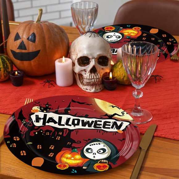 Feltree Ensemble d'Assiettes et de Serviettes en Papier d'Halloween - 10 Assiettes Jetables de 9 Pouces et 20 Serviettes Assorties pour Fournitures de Fête et Décorations à Thème