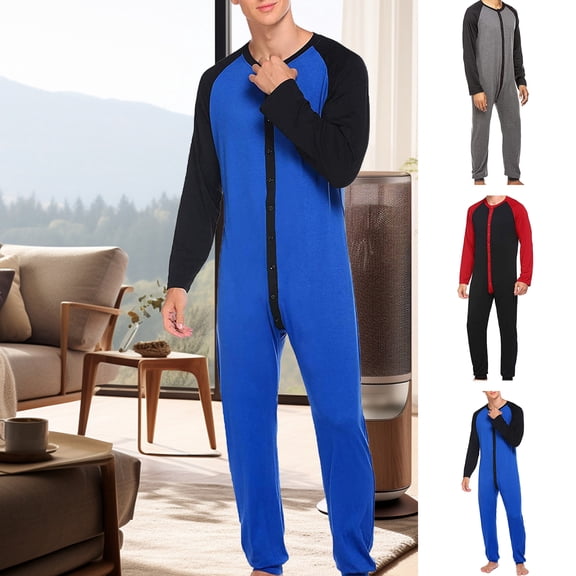 Joernso Men Jumpsuit O-neck Long Sleeve Hip Buttoned Front Closure One-piece Pajamas Warm Sleepwear Homewear