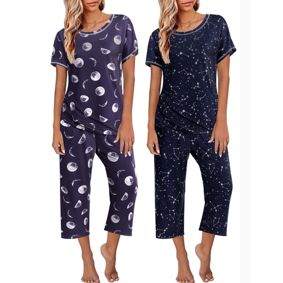 Ekouaer 2 Pack Womens Pajamas Sets Short Sleeve Tops and Capri Pants Pjs Colorful Printed Sleepwear Sets