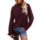 thumbnail image 1 of Top de manga larga para mujer, cuello simulado con volantes, manga acampanada, poliéster transpirable, color puro, blusa suelta para mujer para el trabajo diario, rojo vino M, 1 of 9