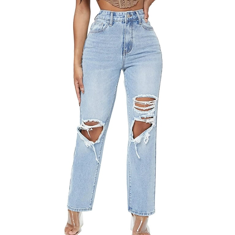 KaLI_store Wide Leg Pants for Women Womens Ripped Boyfriend Jeans Mid  Waisted Distressed Stretchy Denim Pants A,XL 
