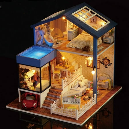DIY Dollhouse Wooden Miniature Furniture Kit Mini House with LED Best Valentines Day Gifts for Husband & Wife ,Kid Toy Birthday Favour