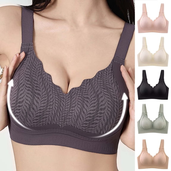 DDAPJ pyju Womens Seamless T-Shirt Bras Wireless Comfy Everyday Bra Scalloped V-Neck Lace Bralette Full Coverage Push Up Bras Black L