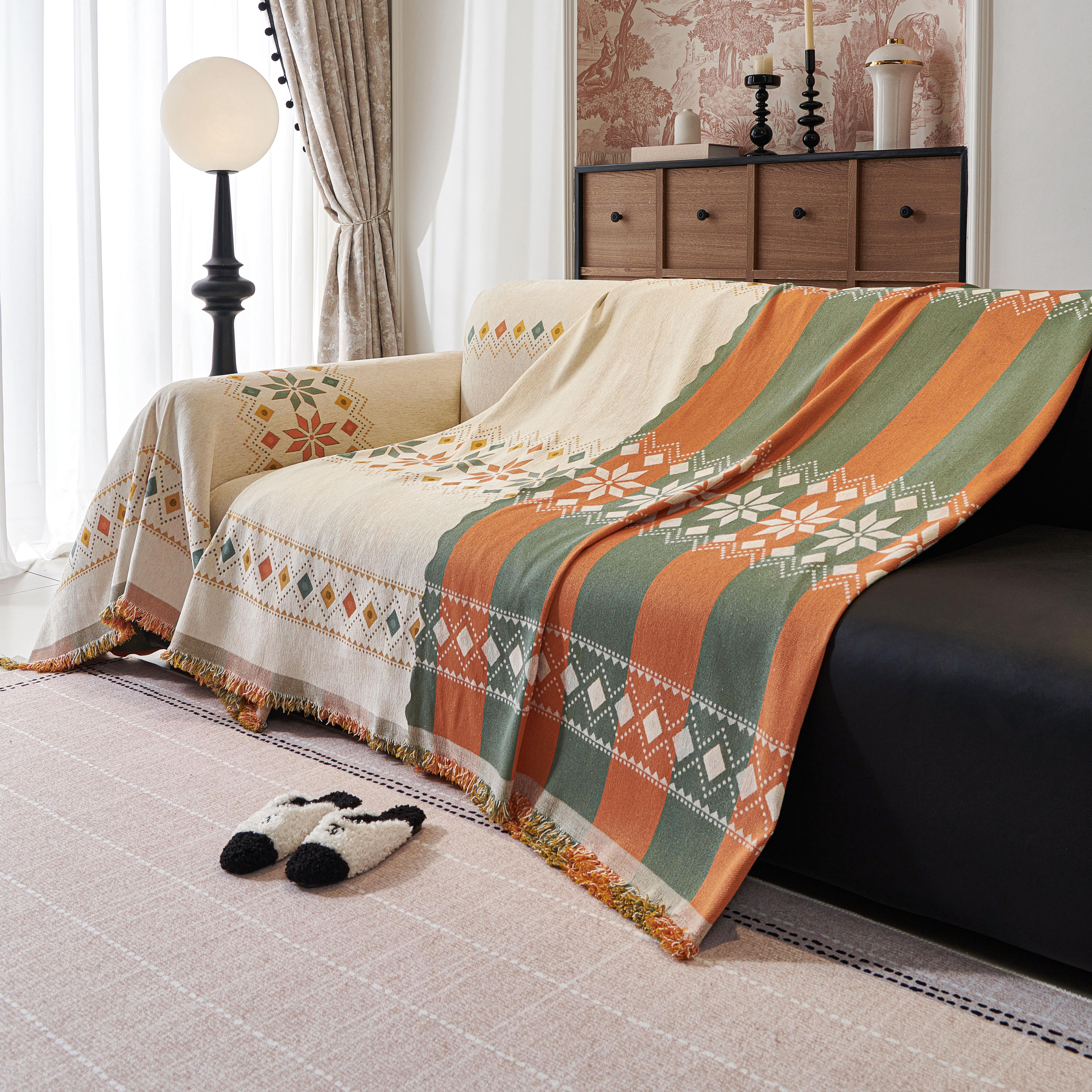 Croniis Boho Sofa Cover with Anti-slip Velcro Tape, Couch Blanket Cover Sectional Sofa Cover for Boho Style, Revitalizing the Old Sofa,Couch Protector,Chenille Fabric Colorful Lozenge 71*134in