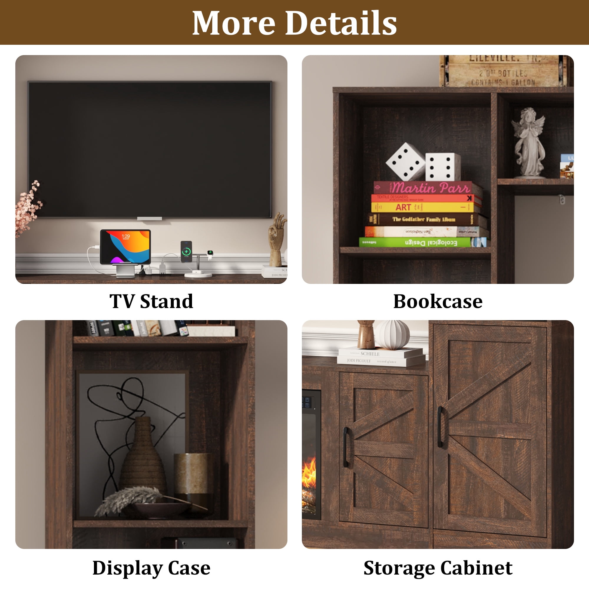 ChVans 103" Large Farmhouse Wall Unit Entertainment Center with Bookshelves, Storage Shelves & Barn Door Cabinet, Rustic Farmhouse TV Stand Media Console Table for Living Room & Home Theater