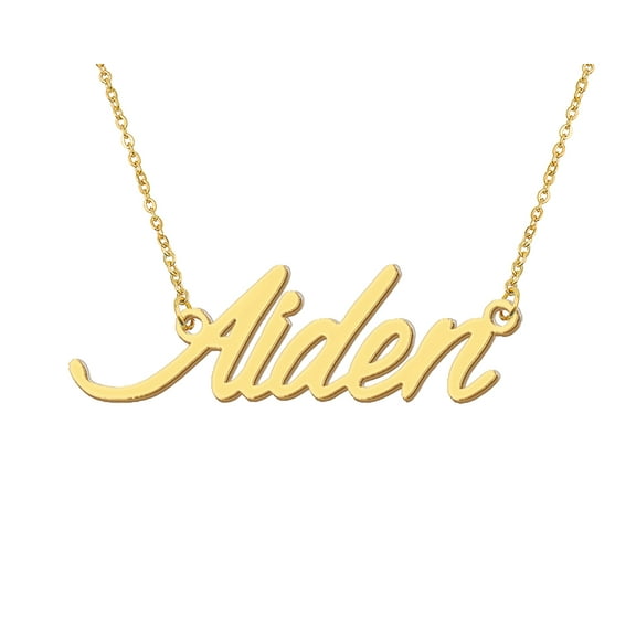 HUAN XUN 18k Gold Plated Aiden Name Necklace Stainless Steel Nameplate Necklaces for Womens Mens Mother Day Christmas Jewelry Gift