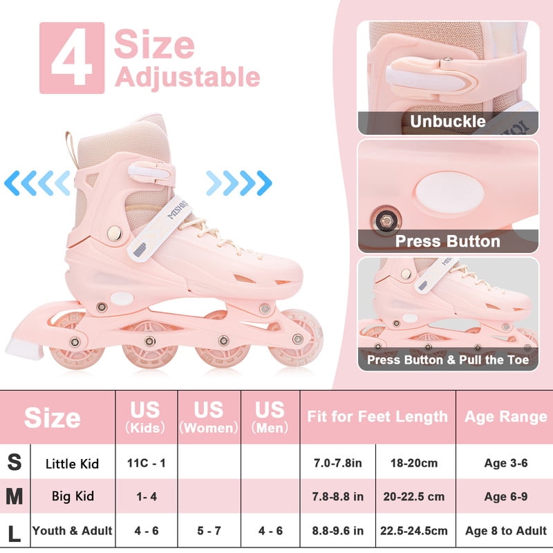 YYW Kids Inline Skates with Light Up Wheels,4-Size Adjustable Roller Skates for Girls(Pink,M)