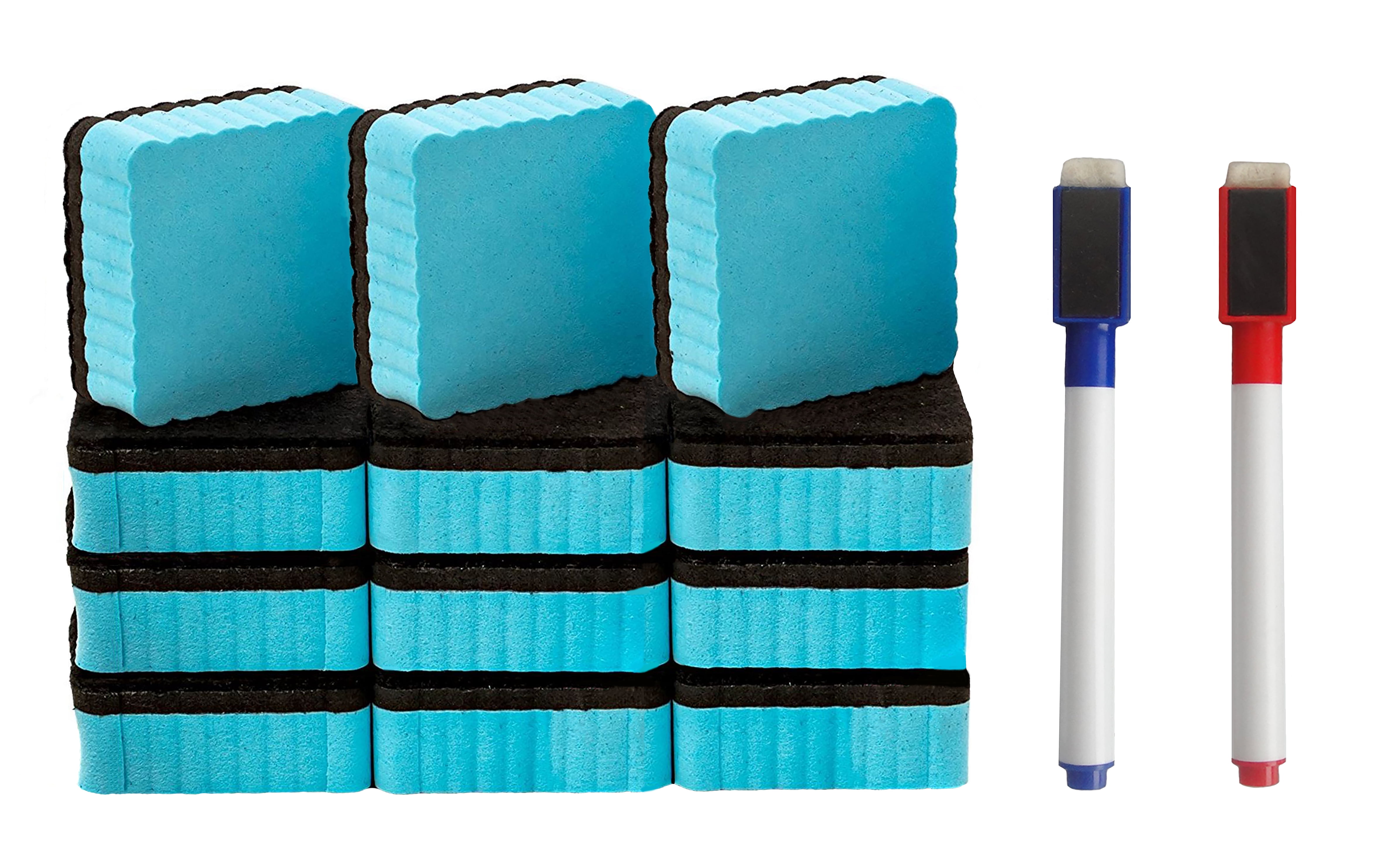 12 Pack Magnetic Refrigerator Whiteboard Dry Erasers with EZ-Erase Felt Light Blue 2 Inches Complete with Bonus 2 Magnetic Marker Pens