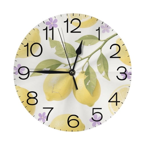 Zhmjortal Lemon Pattern Wall Clock Silent Non-Ticking Kitchen Desk Decor Clock Battery Operated Quartz Analog Round Clocks 10 in for Bedroom Bathroom Living Room