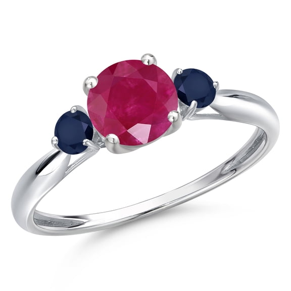Gem Stone King 10K White Gold Red Ruby and Blue Sapphire 3-Stone Ring for Women | 1.30 Cttw | Round 6MM | Gemstone July Birthstone | Size 7