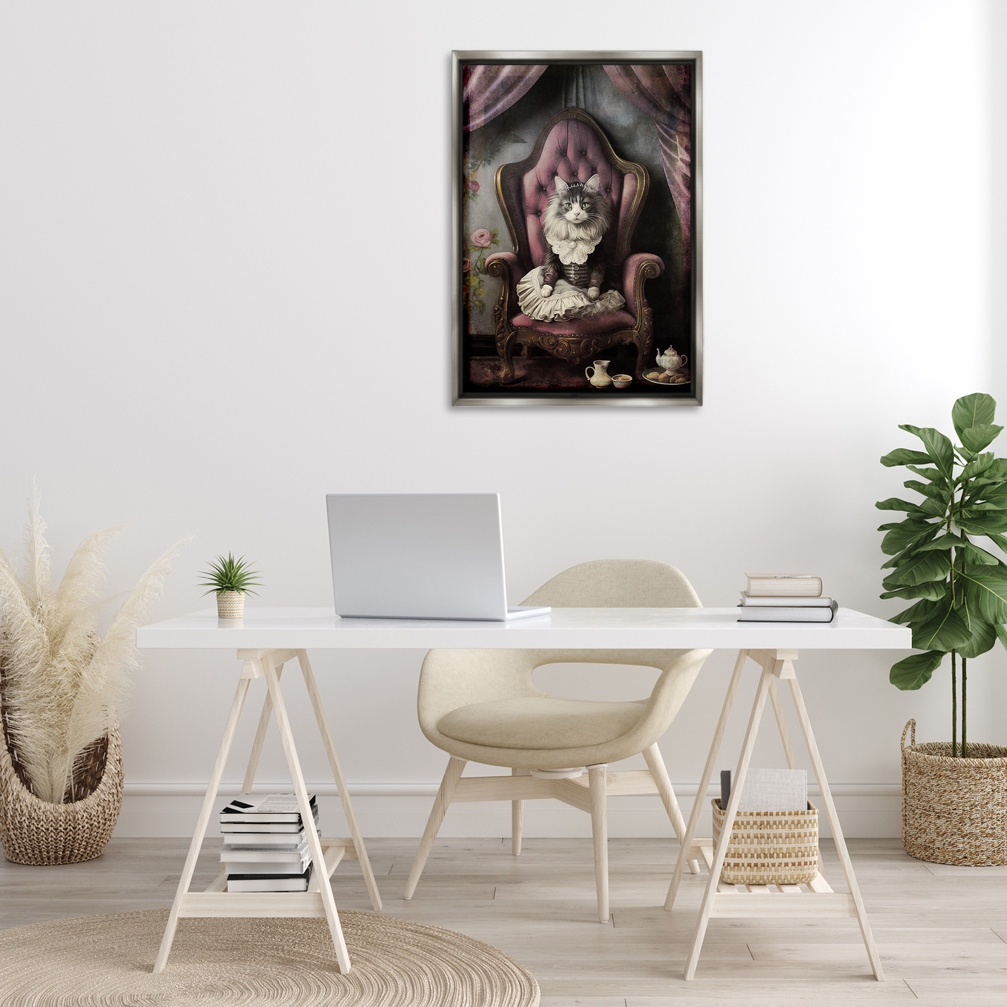 Stupell Industries Royal Cat & Tea Novelty Painting Gray Floater Framed Canvas Art Print Wall Art, 21 x 31