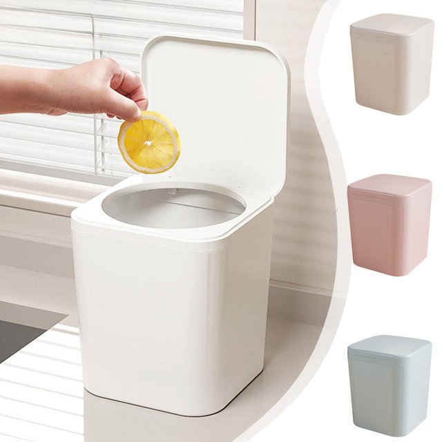 Mini bote de basura de escritorio con tapa abatible | Pequeño cubo de almacenamiento para escritorio, coche, mesa de centro | Plástico ABS | Fácil de limpiar, portátil, inodoro | 16x13x13cm