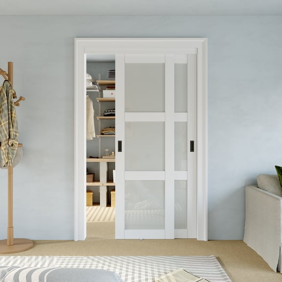 48'' x 80'' Bypass Sliding Closet Door, 3 Panel Tempered Frosted Glass & White Smooth Paintable Frame, Pre-assembled Door Panels with Black Handles
