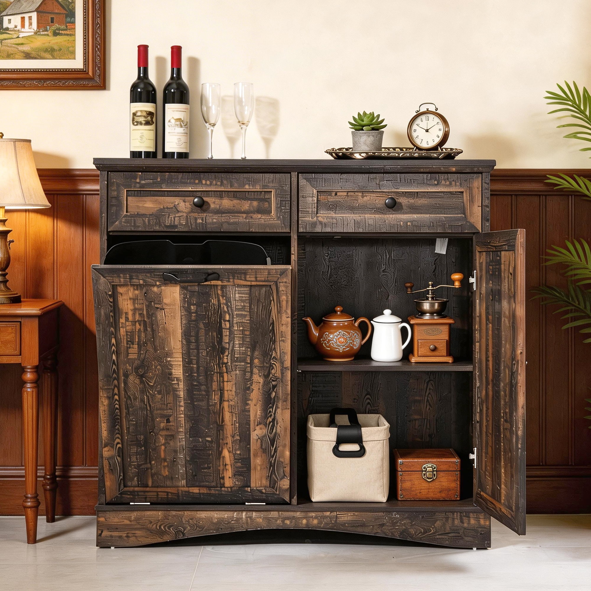 AHB 13 Gallon Single Tilt Out Trash Cabinet with Shelf, Kitchen Trash Can Storage Organizer, 39.4"L x 14"W x 38.3"H, Black
