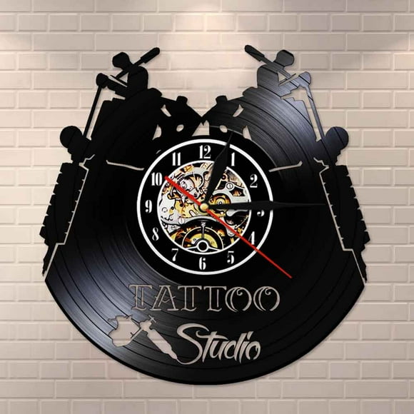 Tattoo Studio Logo Business Sign Vintage Vinyl Record Wall Clock Tattoo Salon Inauguration Decorative Wall Clock Tattooist Gift