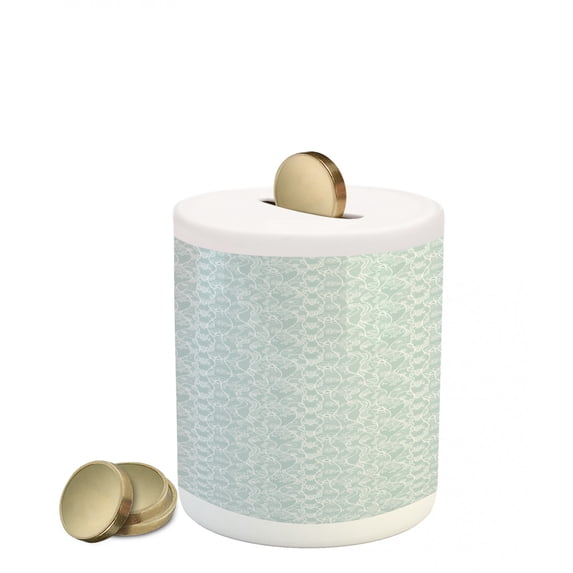 Vintage Piggy Bank, Lace Pattern Backdrop with Floral Composition Victorian Inspirations Wedding, Ceramic Coin Bank Money Box for Cash Saving, 3.6" X 3.2", Seafoam and White, by Ambesonne