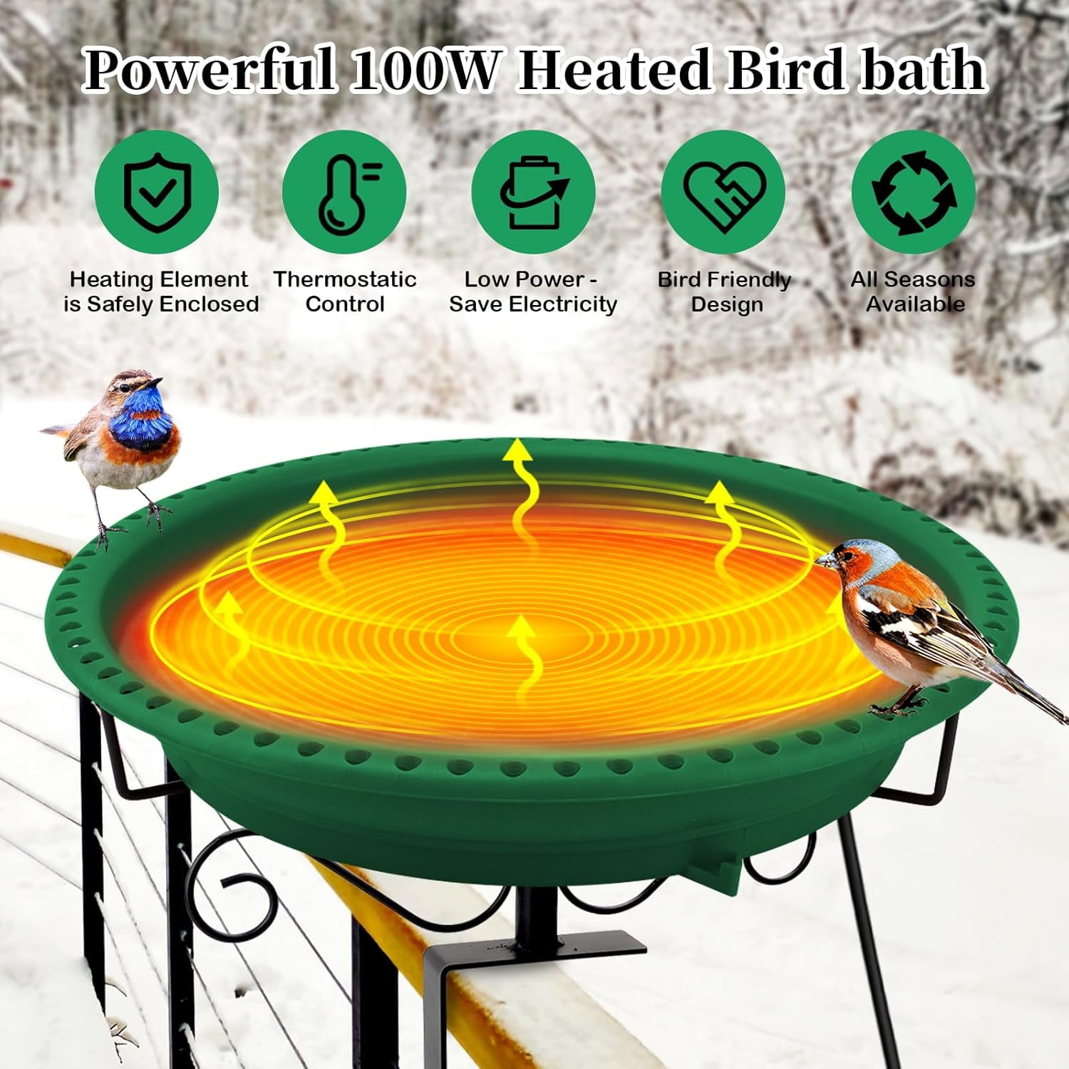 Heated Bird Bath for Deck Railing, 100W Thermostatically Controlled Heated Bird Baths for Outdoors Bird Bath Heater, Heated Birdbath for Outside Winter Garden Patio Yard(Green)