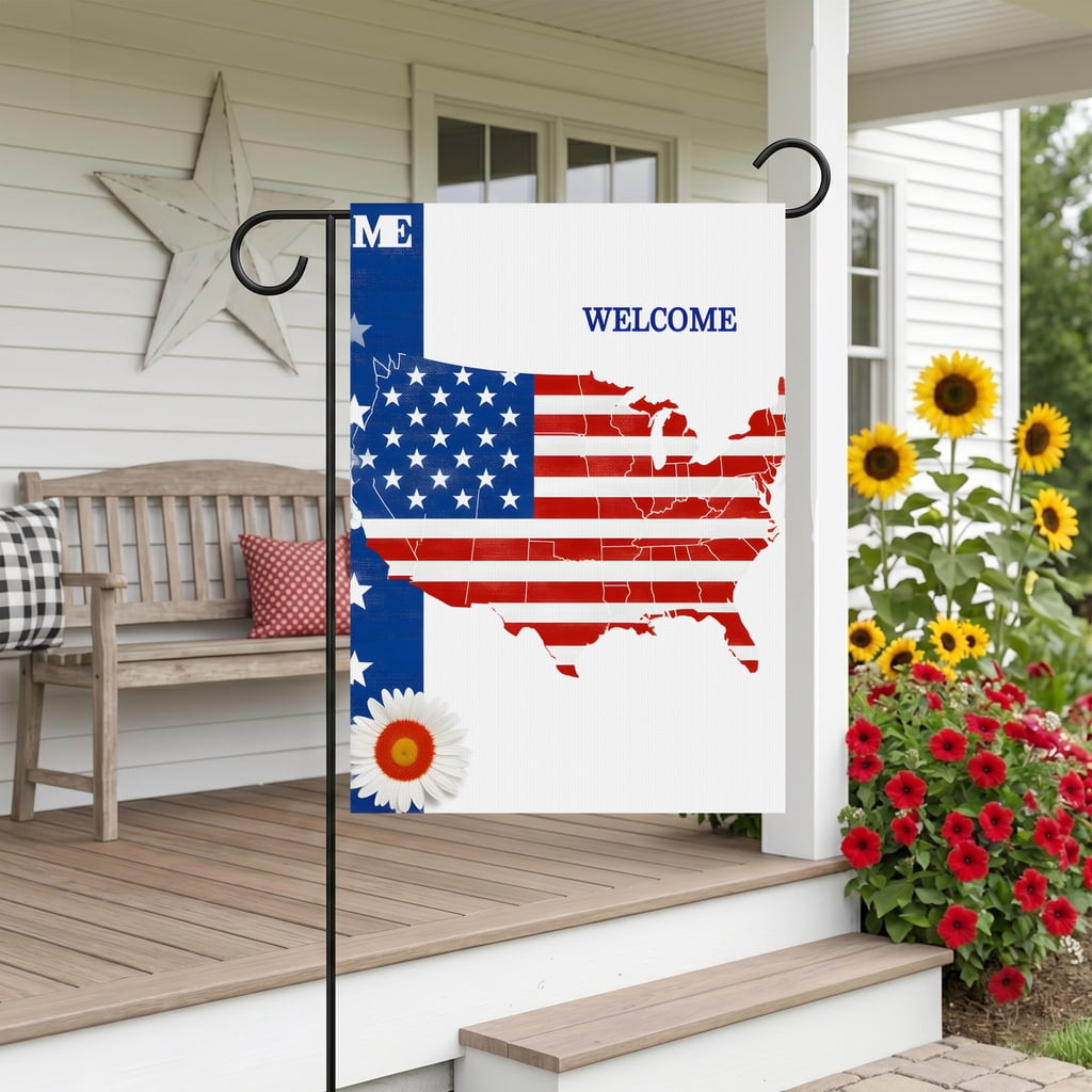 Americana Garden Flag A Map of the United States with an American Flag and a Daisy WELCOME USA 250 Anniversary Standard 28x40 Dimensions Red White and Blue Decorations for Home