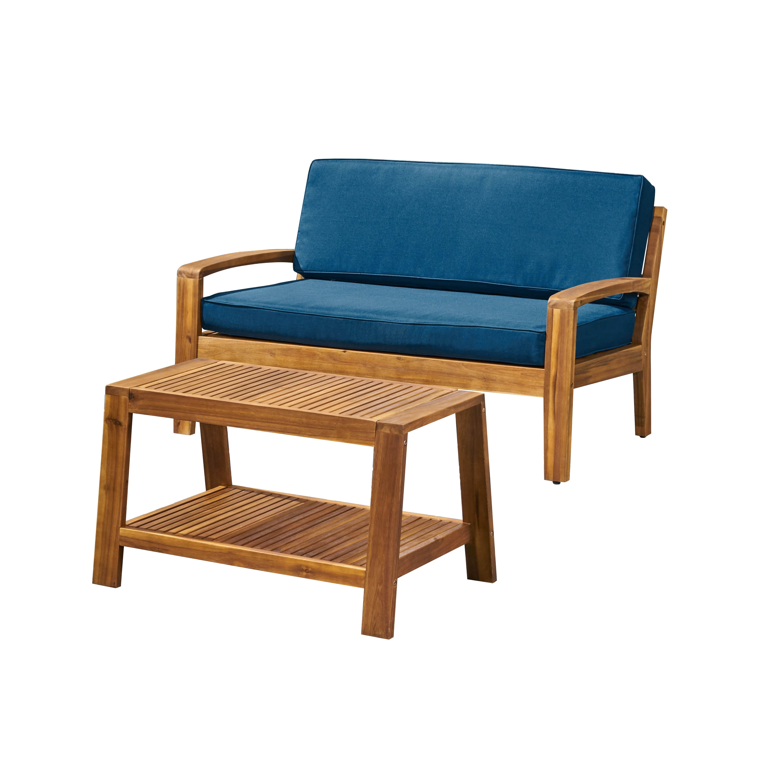 Wilcox Outdoor Acacia Wood Loveseat and Coffee Table Set with Cushions, Teak, Dark Teal