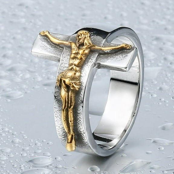 Mens Fashionable Alloy Jesus Cross Ring, Electroplated Individually Packed Religious Jewelry Gift