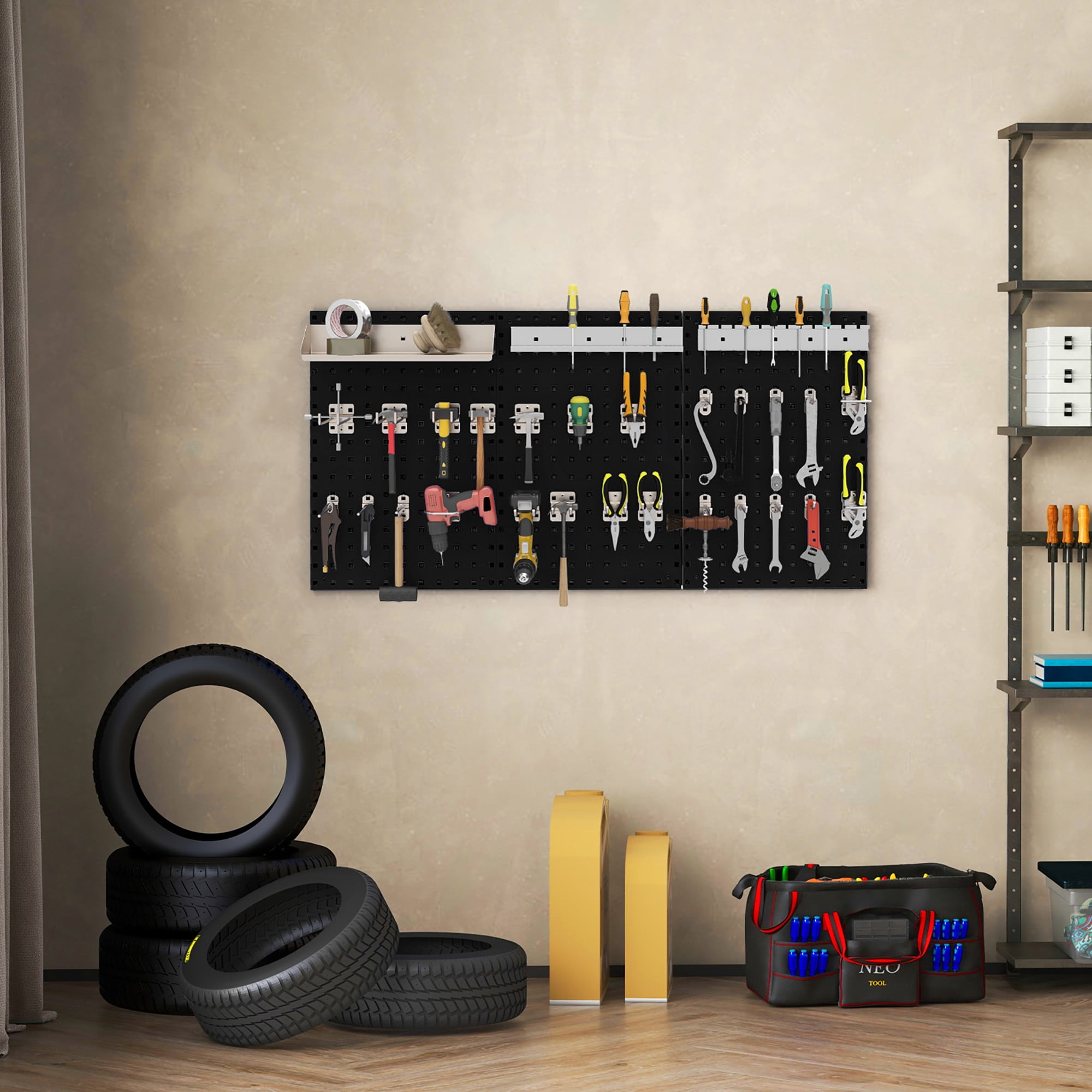 Gymax 3 Pcs Pegboard Wall Organizer w/ 25 Hooks Drill Bit Holder Screwdriver Holder Black