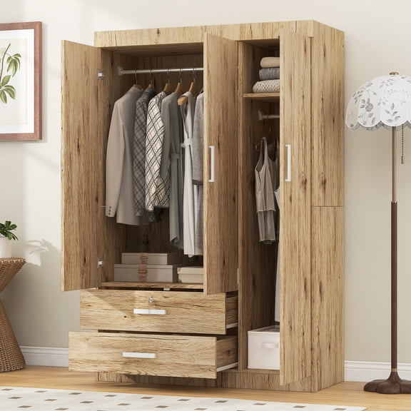 Three Door Storage Armoire Wardrobe with 2 Drawers & 2 Hanging Rods, Oak, Compact Closet for Bedroom, Guest Room, Apartment