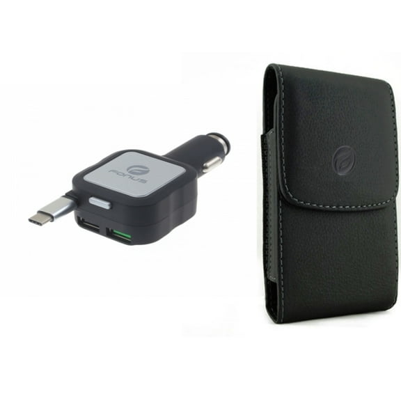 Car Charger & Case Belt Clip for iPhone 15 Pro Max - Retractable 4.8Amp Type-C 2-Port USB and Leather Holster Cover Pouch L9Z for iPhone 15 Pro Max (6.7")